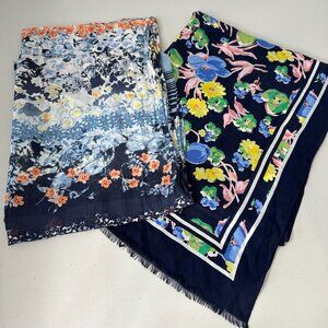Talbots Lot of 2 Scarves Floral Print Blue Shawl Wrap Boho 70 Inch Rectangle